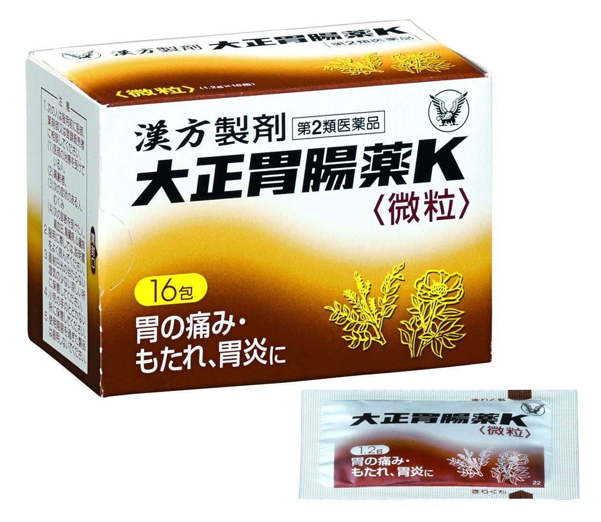 お買い上げいただける個数は3個までです 商品説明 「大正胃腸薬K 微粒 16包」は、胃の痛みをはじめ、もたれ、胃炎など現代人の胃腸症状に適した胃腸薬です。胃痛・胃酸過多・胃炎によく効く「安中散」に、鎮痛効果の高い「シャク薬甘草湯」を1日量510mg配合。治療効果の高い処方です。医薬品。 使用上の注意 ●相談すること 1.次の人は服用前に医師又は薬剤師に相談してください (1)医師の治療を受けている人。 (2)高齢者。 (3)次の症状のある人。 むくみ (4)次の診断を受けた人。 高血圧、腎臓病、心臓病 2.次の場合は、直ちに服用を中止し、この説明書を持って医師又は薬剤師に相談してください (1)服用後、次の症状があらわれた場合。 関係部位・・・症状 皮ふ・・・発疹・発赤、かゆみ まれに下記の重篤な症状が起こることがある。その場合は直ちに医師の診療を受けること。 症状の名称・・・症状 肝機能障害・・・全身のだるさ、黄疸(皮ふや白目が黄色くなる)等があらわれる 偽アルドステロン症・・・尿量が減少する、顔や手足がむくむ、まぶたが重くなる、手がこわばる、血圧が高くなる、頭痛等があらわれる。 (2)1ヵ月位服用しても症状がよくならない場合。 3.次の場合は服用中又は服用後に医師又は薬剤師に相談してください 長期連用する場合。 効能・効果 胃痛、胃のもたれ、胃炎、胃部不快感、食欲不振、げっぷ、腹痛、胸やけ、はきけ、胃酸過多、腹部膨満感 用法・用量 次の量を食前又は食間に服用してください。 年令・・・15才以上・・・5-14才・・・5才未満 1回量・・・1包・・・1/2包・・・服用しないこと 服用回数・・・1日3回・・・1日3回・・・服用しないこと *食間の服用は、食事の後2-3時間を目安にします **注意** (1)定められた用法、用量を厳守してください。 (2)小児に服用させる場合には、保護者の指導監督のもとに服用させてください。 成分・分量 1包(1.2g)中 成分・・・分量・・・はたらき 安中散(下記生薬の混合粉末)・・・700mg・・・衰えた胃腸のはたらきを活発にする作用があり、胃のもたれ、胃部不快感、胃炎等の症状を改善します ケイヒ(桂皮)・・・200mg・・・衰えた胃腸のはたらきを活発にする作用があり、胃のもたれ、胃部不快感、胃炎等の症状を改善します エンゴサク(延胡索)・・・150mg・・・衰えた胃腸のはたらきを活発にする作用があり、胃のもたれ、胃部不快感、胃炎等の症状を改善します ボレイ(牡蠣)・・・150mg・・・衰えた胃腸のはたらきを活発にする作用があり、胃のもたれ、胃部不快感、胃炎等の症状を改善します ウイキョウ(茴香)・・・75mg・・・衰えた胃腸のはたらきを活発にする作用があり、胃のもたれ、胃部不快感、胃炎等の症状を改善します シュクシャ(縮砂)・・・50mg・・・衰えた胃腸のはたらきを活発にする作用があり、胃のもたれ、胃部不快感、胃炎等の症状を改善します カンゾウ(甘草)・・・50mg・・・衰えた胃腸のはたらきを活発にする作用があり、胃のもたれ、胃部不快感、胃炎等の症状を改善します リョウキョウ(良姜)・・・25mg・・・衰えた胃腸のはたらきを活発にする作用があり、胃のもたれ、胃部不快感、胃炎等の症状を改善します 芍薬甘草湯エキス末(下記生薬の抽出乾燥エキス末)・・・170mg・・・胃腸の筋肉の異常な緊張をやわらげる作用があり、胃痛や腹痛等をしずめます シャクヤク(芍薬)・・・340mg・・・胃腸の筋肉の異常な緊張をやわらげる作用があり、胃痛や腹痛等をしずめます カンゾウ(甘草)・・・340mg・・・胃腸の筋肉の異常な緊張をやわらげる作用があり、胃痛や腹痛等をしずめます 添加物：無水ケイ酸、バレイショデンプン、乳糖、セルロース、ヒドロキシプロピルセルロース、タルク **注意** 本剤は、生薬を用いた製剤ですから、製品により色が多少異なることがありますが、効果には変わりありません 保管および取扱い上の注意 (1)直射日光の当たらない湿気の少ない涼しい所に保管してください。 (2)小児の手のとどかない所に保管してください。 (3)他の容器に入れかえないでください。(誤用の原因になったり品質が変わることがあります) (4)1包を分割した残りを服用する場合には、袋の口を折り返して保管し、2日以内に服用してください。 (5)使用期限を過ぎた製品は服用しないでください。 お問い合わせ先 本品についてのお問い合わせは、お買い求めのお店、又は下記にお願いいたします。 連絡先 大正製薬株式会社お客様119番室 電話 03-3985-1800 受付 時間8：30-21：00(土、日、祝日を除く) 大正製薬株式会社 東京都豊島区高田3丁目24番1号 内容量：16包 JANコード：　4987306009400 使用期限：使用期限まで100日以上ある医薬品をお届けします。 商品区分：【第2類医薬品】 医薬品販売に関する記載事項 文責：株式会社ドラッグWAKUWAKU　登録販売者　桑原芳浩 広告文責：株式会社ドラッグWAKUWAKU TEL：0439-50-3389