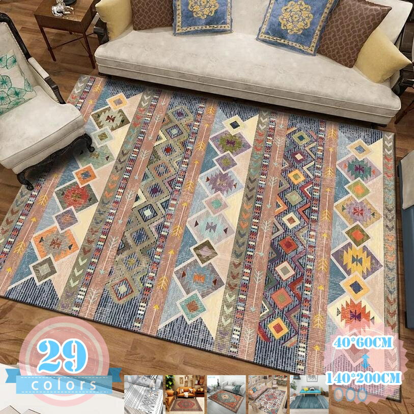 Rakuten - 500円OFFクーポン カーペット レトロ モロッカン インテリア ネイティブ柄 滑り止め ボヘミアン 花柄 フロアマット ルームマット キズ防止 ペット対策 レトロ ダイニング リビング 寮 寝室 センターラグ 足元マット プレイルーム 大判 アメリカン風
