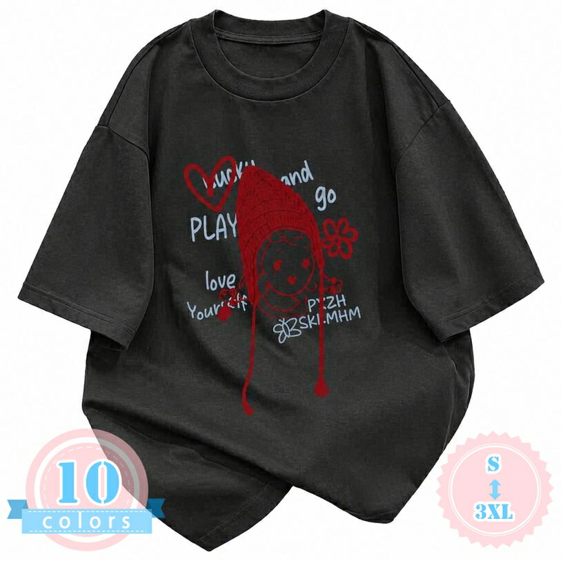 Rakuten - Tシャツ レディース 半袖 体型カバー ゆったり カットソー プルオーバー プリント トップス カジュアル 丸首 お出かけ 通学 デイリー 部屋着 普段着 大きいサイズ ds-store