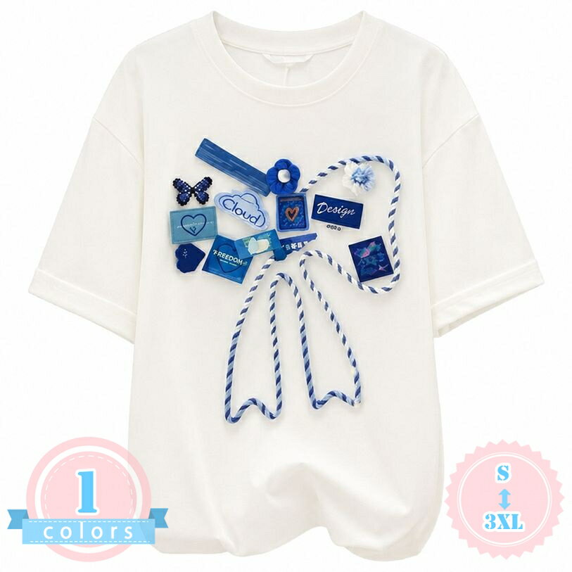 Rakuten - レディース Tシャツ 半袖 ゆったり 体型カバー 着痩せ カットソー トップス クルーネック オーバーサイズ カジュアル 韓国風 リボン プリント おしゃれ 大きいサイズ 可愛い 通学 お出かけ ds-store