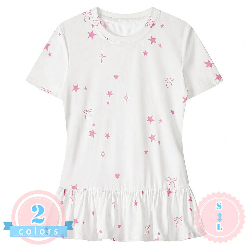 Rakuten - Tシャツ レディース 半袖 ペプラム フリル カットソー トップス 裾フリル 体型カバー クルーネック 星柄 リボン プルオーバー カジュアル 可愛い ゆったりサイズ お出かけ 春夏 ds-store