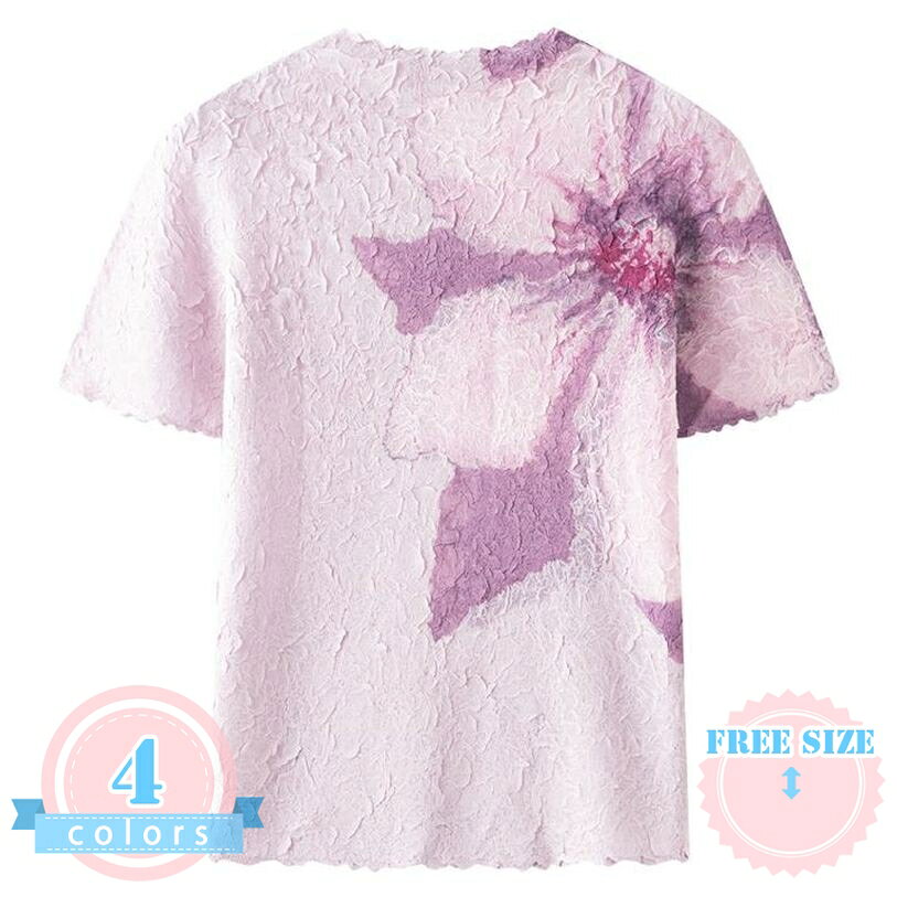 Rakuten - 体型カバー Tシャツ レディース 半袖 カットソー しわ加工 プリーツ トップス 丸首 リンクル クリンクル 花柄 プリント ゆったり おしゃれ カジュアル 爽やか お出かけ ds-store