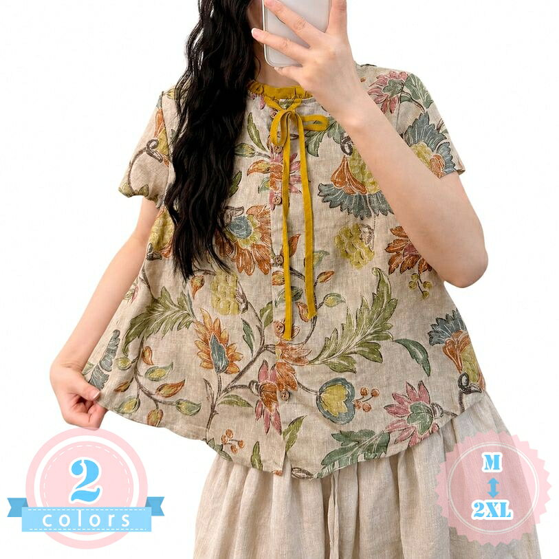 Rakuten - ブラウス レディース 半袖 花柄 ゆったり シャツ トップス レトロ ナチュラル きれいめ 着痩せ見え ds-store
