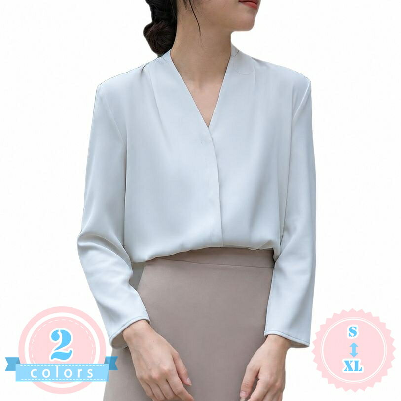 Rakuten - レディース ブラウス Vネック 長袖 大人 きれいめ 上品 オフィス カジュアル 通勤服 すっきり見え ゆったりサイズ ds-store