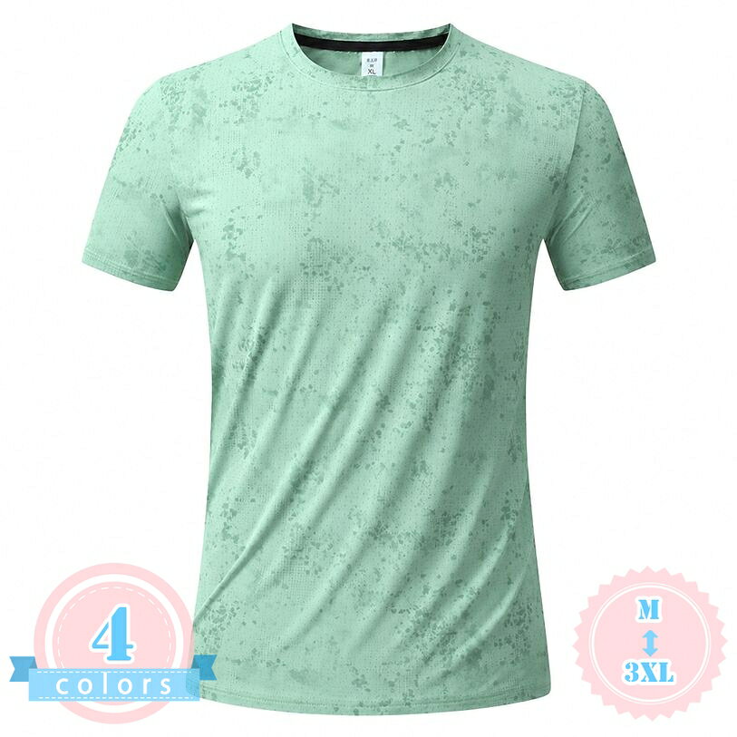 表地：ナイロン、ポリエステルメイン素材：ナイロン、ポリエステル【メンズTシャツ】さらっとした肌触りが心地よいメンズTシャツは、夏の日常使いからアクティブなシーンまで幅広く活躍します。すっきりとしたシルエットで体型カバーを叶えつつ、動きやすさを重視した設計。ランニングやジムでのトレーニング、ウォーキング、週末のアウトドアなど、多様な日常シーンで快適な着用感をします。【半袖スポーツウェア】軽やかで通気性に半袖スポーツウェア仕様のカットソーです。汗をかいてもベタつきにくく、さらさらとした着心地が持続するため、暑い季節のランニングやフィットネス、自転車通勤、休日のカジュアルスタイルにです。重ね着のインナーとしてもすっきり収まり、スマートな着こなしを楽しめます。【トレーニングTシャツ】身体の動きにしなやかにフィットするトレーニングTシャツは、感のあるナイロン混素材を採用。突っ張り感がなく、ジムでの激しい運動や部活動、ジョギング、アウトドアレジャーでもストレスフリーな着心地を提供します。動きやすさとすっきりとしたスタイルアップ見えを両立させたデザイン。【大きいサイズ展開】Mサイズから3XLサイズまで豊富なサイズバリエーションを取り揃えており、ゆったりとした着心地を好む方にもフィットします。ホワイト、ブラック、ライトグリーン、アプリコットの落ち着いた定番カラーで、お手持ちのショートパンツやデニム、ジョガーパンツなど様々なボトムスと相性良くコーディネートできます。【カジュアルインナー】普段着のインナーから本格的なスポーツシーンまで馴染むメンズインナーTシャツ。総柄プリントが程よいアクセントになり、1枚での着用はもちろん、パーカーやジャケットのインナーとしてもお洒落に決まります。通学、通勤、旅行、お出かけ、部屋着など、日常のあらゆる場面で活躍する汎用性の高いトップスです。【日常からアクティブシーンまで活躍するメンズスポーツTシャツ】さらっとした手触りと軽やかな着用感が特徴の半袖クルーネックTシャツです。しなやかなナイロン混素材を使用しており、汗ばむ季節でもさらさらとした肌触りをキープします。細かなドット状のプリントデザインが上品なアクセントとなり、スポーツ時だけでなく、日常のカジュアルコーディネートやインナーとしても幅広くご活用いただけます。すっきりとしたシルエット設計により、着痩せ見えや体型カバー効果も期待でき、スマートなボディラインを演出します。【快適な着心地へのこだわり】身体の動きに合わせるしなやかな素材感で、ランニング、ジムでのフィットネス、自転車での通勤・通学、ジョギング、ウォーキングなど、様々なアクティブシーンでの動きを妨げません。通気性にも配慮された薄手の生地は、重ね着をしてもごわつきにくく、インナーシャツとしても活躍。夏の暑い時期はもちろん、春や秋のレイヤードスタイルのベースレイヤーとしても長く着用いただけます。【スタイリングとコーディネート】落ち着いたカラーバリエーション（ホワイト、ブラック、ライトグリーン、アプリコット）を展開しており、お手持ちのショートパンツ、スウェットパンツ、ジョガーパンツ、デニムなどと簡単に合わせられます。1枚でカジュアルに着こなすのはもちろん、ジップパーカーやウインドブレーカーのインナーとして襟元から覗かせるスタイルもです。ジムでのトレーニングウェアとしてはもちろん、週末のお出かけや旅行、リラックスタイムの部屋着としても馴染む汎用性の高いトップスです。【豊富なサイズ展開】Mから3XLまでの幅広いサイズをご用意しております。ジャストサイズでに着こなすのはもちろん、ワンサイズ上を選んでゆったりとしたオーバーサイズシルエットで着用するのもです。世代を問わず着用しやすいシンプルな丸首デザインのため、ご自身用としてはもちろん、ご家族へのプレゼントとしても喜ばれる一着です。【よくある質問】Q：普段Lサイズを着用していますが、サイズ感はどうですか？A：本商品はすっきりとしたスマートフィット設計になっております。ジャストサイズで着用されたい場合は普段通りのサイズをお勧めしますが、少しゆったりとしたリラックス感のある着こなしがお好みの場合は、ワンサイズ上のサイズをご検討ください。Q：どのような季節に適していますか？A：薄手でさらっとした質感の生地を使用しているため、主に春から夏、秋口にかけての暖かい季節にです。肌寒い季節には、トレーナーやアウターの下に着用するインナーシャツとしても活躍します。Q：ジムでのトレーニングやジョギングなどの運動に適していますか？A：はい、ランニングやトレーニング、ジョギングなどのフィットネスシーンに非常にです。動きやすくしなやかな生地のため、などの動作もスムーズに行えます。商品ページの情報は、あくまで閲覧・比較用です。最終的な製品の説明半袖 tシャツ メンズ スポーツ トレーニング ジョギング ウォーキング ランニング ジム フィットネス トップス 丸首 カットソー インナーウェア アンダーウェア 薄手 涼しいティーシャツ メンズ 半袖 スポーツウェア アンダーシャツ 丸首 カットソー インナーシャツ トップス 運動 フィットネス ジョギング ウォーキング 自転車 サイクリング 普段着メンズ tシャツ 半袖 スポーツ トレーニングウェア ランニング トップス 丸首 カットソー 運動着 フィットネス ジョギング ジム カジュアル 部屋着 夏物 涼しい 薄手トレーニングウェア メンズ 半袖 tシャツ 丸首 カットソー インナー スポーツウェア ランニングウェア ジョギング フィットネス ジム 部活 クラブ 運動用 カジュアル 夏服
