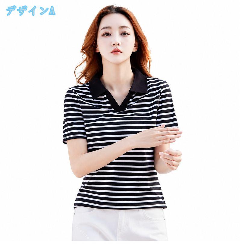 DSショップのボーダー ポロシャツ レディース 襟付き カットソー スキッパー ネック 半袖 ストライプシャツ tシャツ 着痩せ 見え カジュアル トップス 大きいサイズ 大人可愛い ゆったり ds-store｜アングル2