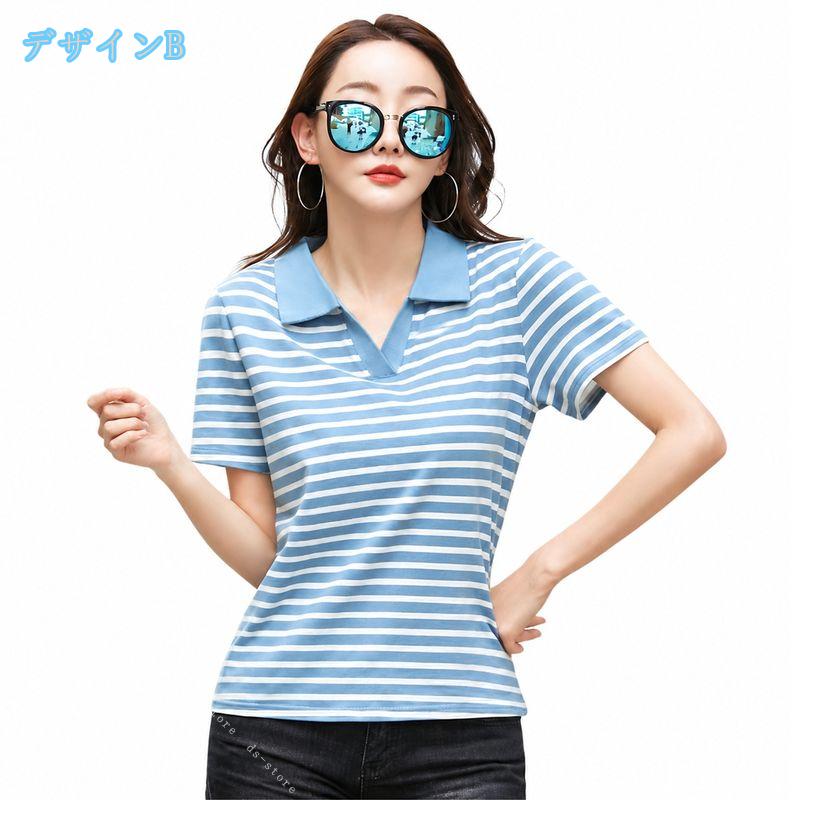 DSショップのボーダー ポロシャツ レディース 襟付き カットソー スキッパー ネック 半袖 ストライプシャツ tシャツ 着痩せ 見え カジュアル トップス 大きいサイズ 大人可愛い ゆったり ds-store｜アングル3