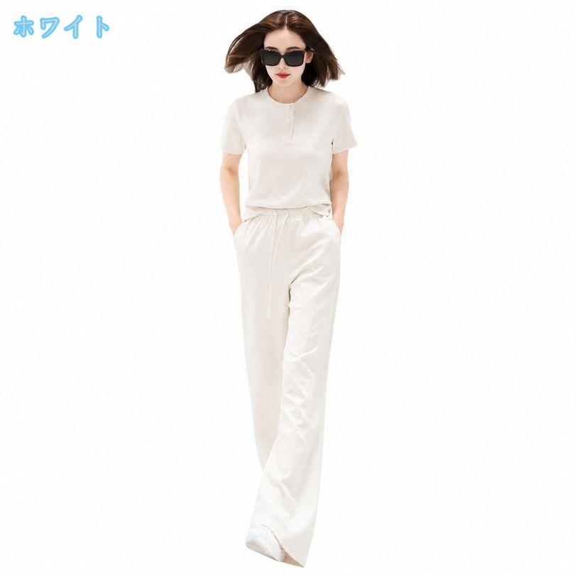 DSショップのセットアップ レディース 夏 半袖 ワイドパンツ 体型カバー ゆったり 部屋着 ルームウェア 薄手 上下セット カジュアル シンプル 大きいサイズ ds-store｜アングル2