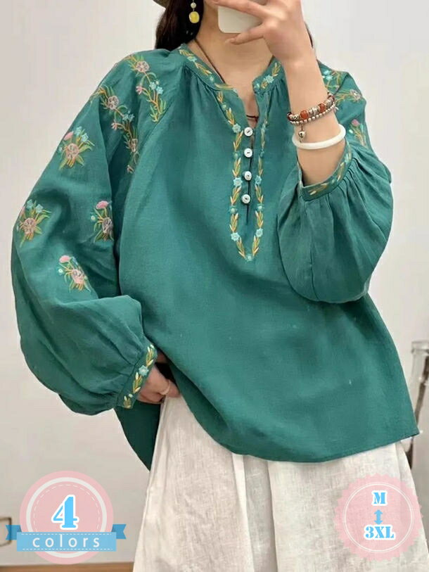 Rakuten - 500円OFFクーポン レディース ファッション リネン Tシャツ ゆったり 刺繍 綿麻 おしゃれ シンプル カジュアル 長袖 柔らかい 快適 20代 30代 40代 50代 可愛い 春 秋 きれいめ 大きいサイズ チュニック ブラウス 綺麗 着痩せ 森ガール 上着 ds-store