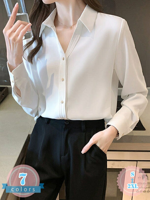 500円OFFクーポン ブラウス シャツ レディース トップス 襟付き Vネック 折り襟 ボタン 前開き 半袖 長袖 体型カバー 無地 着痩せ おしゃれ 大人 春 夏 ゆったり シンプル 着回し 日常 通勤 オフィス OL カジュアル ds-store