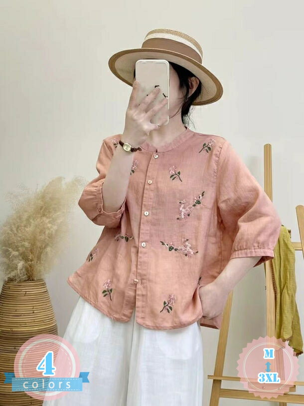 シャツ レディース ブラウス シャツブラウス 七分袖 トップス 刺繍 花柄 プルオーバー 立ち襟 春 夏 秋 ボタン 綿麻調 大人 カジュアル 大きいサイズ 体型カバー ゆったり レトロ 通勤 OL 中華風 エレガント エスニック 着回し 30代 40代 50代 ds-store