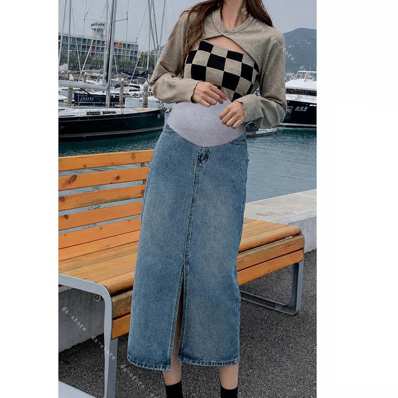 マタニティスカート デニム ロング丈 体型カバー ゆったり 妊婦服 ウエストリブ 産...