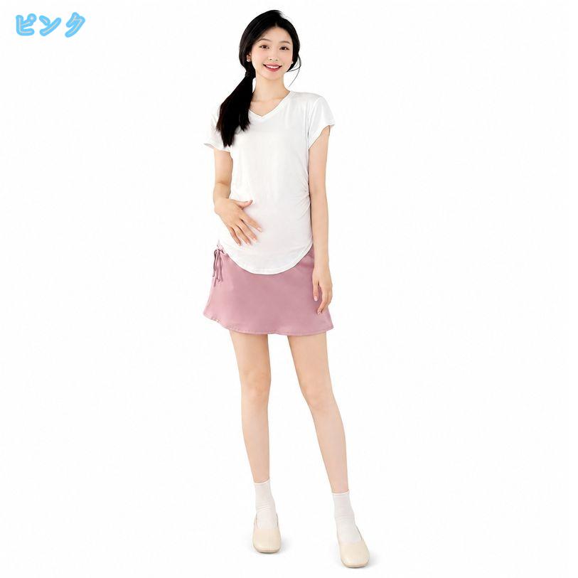 妊婦服 マタニティスカート 着痩せ 美脚 ショート丈 腹帯付き ウエストリブ ボトム...