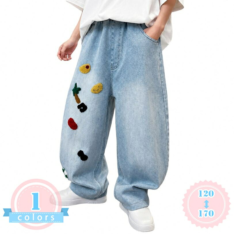1000円OFFクーポン ボーイズ デニムパンツ ゆったり ワイドズ 体型カバー ロングパンツ ウエストゴム ジュニア ジーパン カジュアル ボトムス 通学 お出かけ 春物 普段着 男の子 長ズボン ルーズフィット ワッペン付き ds-store