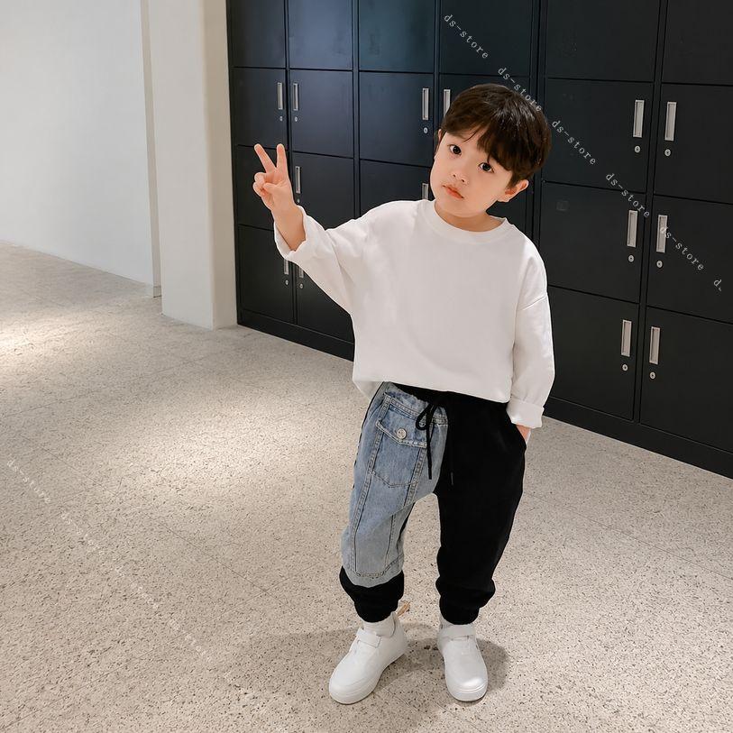 DSショップのボーイズ スウェットパンツ ジョガーパンツ デニム切替 ロング ウエストゴム 裾リブ ドッキング デザイン カジュアル ボトムス 通学 ゆったりサイズ ds-store｜アングル3