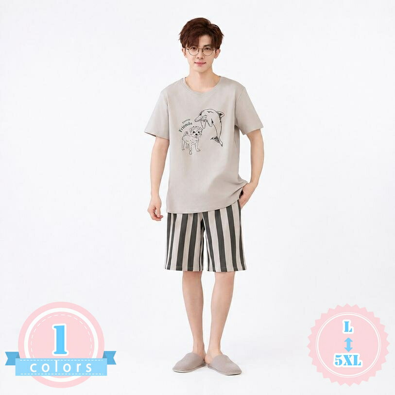 表地：コットン、ポリエステルメイン素材：綿、ポリエステル【メンズパジャマのデザイン】カジュアルなプリントTシャツとストライプ柄のハーフパンツを組み合わせた、夏にぴったりのメンズルームウェア上下セットです。首元はすっきりとしたクルーネック仕様で、脱ぎ着がしやすいデザインに仕上げています。大きめのサイズ展開で、体型を気にせずゆったりと着用できます。【快適なルームウェアの着用感】さらっとした肌触りが心地よい綿混素材を使用しており、暑い季節でもベタつきにくく快適に過ごせます。薄手の生地感ながらもしっかりとした作りで、おうち時間のリラックスタイムはもちろん、ちょっとした近所へのお出かけ時のワンマイルウェアとしても活躍するアイテムです。【便利な部屋着の機能性】ボトムスのハーフパンツは、ウエスト部分に伸縮性のあるゴムを採用しているため、締め付け感が少なくお腹周りも楽ちんです。解放される心地よさで、就寝時の寝返りもスムーズに行えます。シンプルなストライプデザインは、年代を問わず幅広い男性に馴染みやすいです。【豊富なサイズ展開】Lサイズから5XLサイズまでの大きいサイズを幅広く取り揃えており、がっちり体型の方やゆったりと着こなしたい方にもなサイズが見つかります。お好みのフィット感に合わせて選べるサイズバリエーションで、ご自宅でのリラックスタイムをより快適にいたします。【様々なシーンで活躍】日常のパジャマとしてはもちろん、旅行や出張先での滞在着、スパやホテルでの室内着としても便利にお使いいただけます。落ち着いたカラー（スタイル1）とカジュアルなプリントの組み合わせで、シンプルながらもおしゃれな印象を与え、ギフトやプレゼントにも喜ばれる一着です。【カジュアルで爽やかなメンズルームウェア上下セット】暑い季節を快適に過ごすためのメンズパジャマセットアップです。シンプルな丸首の半袖Tシャツと、クラシカルなストライプ柄ハーフパンツを組み合わせた、飽きのこないデザインが魅力の一着です。胸元には可愛らしいキャラクタープリントがあしらわれており、おうち時間をおしゃれで楽しい雰囲気に演出してくれます。【心地よい肌触りと着用感】さらっとした肌触りが特徴の綿混素材を使用しています。汗ばむ夏でもベタつきにくく、軽やかな着用感が持続します。薄手でありながらもしっかりとした生地を採用しているため、デイリーユースの部屋着としてです。お風呂上がりや寝苦しい夜にも、心地よいリラックスタイムをします。【ウエストゴムでリラックス】ボトムスの短パンには、伸縮性にウエストゴムを採用しています。締め付け感が少ないため、お腹周りにかかるストレスを軽減し、長時間の着用でも快適です。寝返りを打つ際にも動きを妨げず、良質な睡眠環境を提供します。ゆったりとしたシルエットで、体型カバー効果も期待できます。【豊富なサイズバリエーション】Lサイズから最大5XLサイズまで、幅広いサイズ展開をご用意しております。体型の気になる方や、あえて大きめのサイズを選んでオーバーサイズとしてゆったりと着用したい方にも対応可能です。ご自身のスタイルに合わせて、なサイズ感をお選びいただけます。【幅広いシーンで大活躍】毎日のパジャマや部屋着（ルームウェア）としてはもちろん、ちょっとしたゴミ出しや近所のコンビニまでの外出に対応できるワンマイルウェアとしても重宝します。また、軽量でコンパクトに折りたためるため、旅行や出張、合宿、スパ施設などへの持ち運びにも便利です。シンプルかつ実用的なデザインのため、年代を問わず、ご家族やご友人へのプレゼント・ギフトとしてもです。【お手入れも簡単でデイリーユースに】ご自宅でお洗濯ができるため、毎日清潔に保つことができます。シワになりにくい素材をブレンドしており、洗濯後のケアも簡単です。忙しい日常の中でも手軽にお手入れができ、繰り返しの着用でも型崩れしにくい設計となっております。【コーディネートとアレンジ】上下セットでの着用はもちろんのこと、お手持ちのTシャツやハーフパンツと組み合わせて別々にコーディネートを楽しむことも可能です。シンプルなデザインだからこそ、手持ちのアイテムとも合わせやすく、おうちの中でのファッションの幅が広がります。ご家族やカップルでお揃いにして着用するのもです。【商品仕様について】・セット内容：半袖Tシャツ ＋ ストライプ柄ハーフパンツ・対象：メンズ（男性用）・シーズン：春、夏、秋口まで長くご使用いただけます。・カラータイプ：スタイル1（日常に馴染みやすい落ち着いたカラー）・サイズ展開：L、XL、2XL、3XL、4XL、5XLシンプルながらも細部までこだわった仕様で、毎日の生活に寄り添う快適な一着をおします。この夏の定番ホームウェアとして、ぜひお役立てください。商品ページの情報は、あくまで閲覧・比較用です。最終的な製品の説明パジャマ メンズ ルームウェア 半袖 夏用 上下セット 部屋着 寝巻き 薄手 大きいサイズ 5xl 4xl 3xl 2xl xl l スウェット ナイトウェア 涼感 ホームウェア部屋着 メンズ 夏 パジャマ 上下セット 半袖 tシャツ ハーフパンツ ストライプ ルームウエア ねまき 男性用 カジュアル ゆったり 快適 ウエストゴム ホテル 普段着 涼しい寝巻き メンズ ルームウェア 上下セット 半袖 短パン 夏用 パジャマ 部屋着 大きいサイズ 体型カバー 細見え リラックス ホームウェア 薄い かっこいい 紳士パジャマ お洒落ルームウェア メンズ 上下 パジャマ 半袖 ハーフパンツ 夏 部屋着 寝間着 セットアップ 大きい サイズ ストライプ 涼しい さらっとした肌触り 贈り物 普段使い 自宅用 スパ