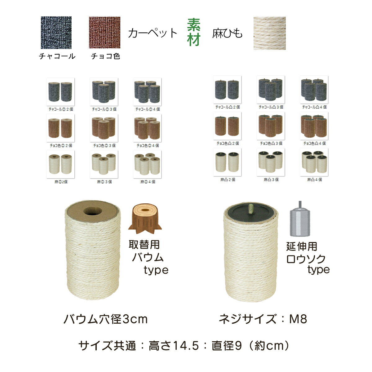 差し色のオンリーキャット　バウム爪とぎ　消耗パーツ　麻・カーペット　（またたびスプレー付き）｜アングル2