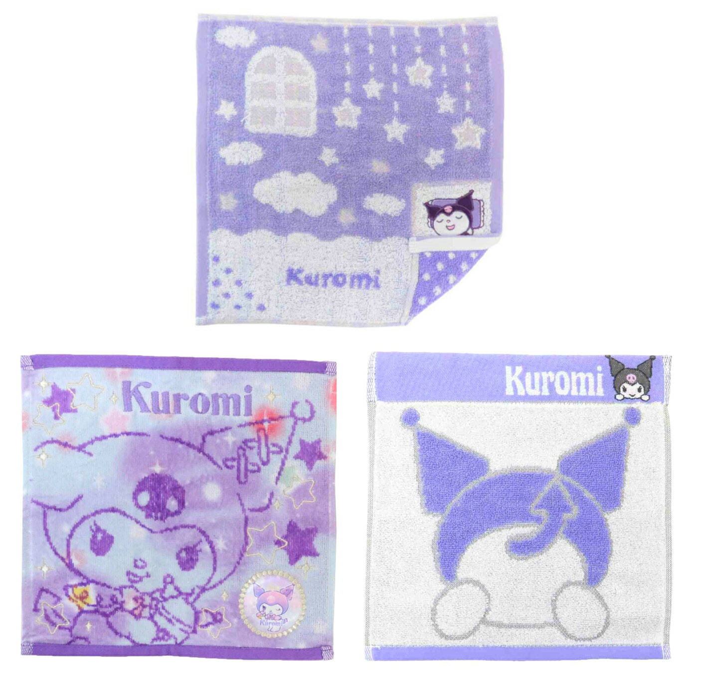 クロミ ハンカチタオル 3柄セット（抗菌防臭加工 ジャガード おふとんクロミ パープル・シャーリング ゆめきら・ 無撚糸パイル プリティヒップ） 丸眞