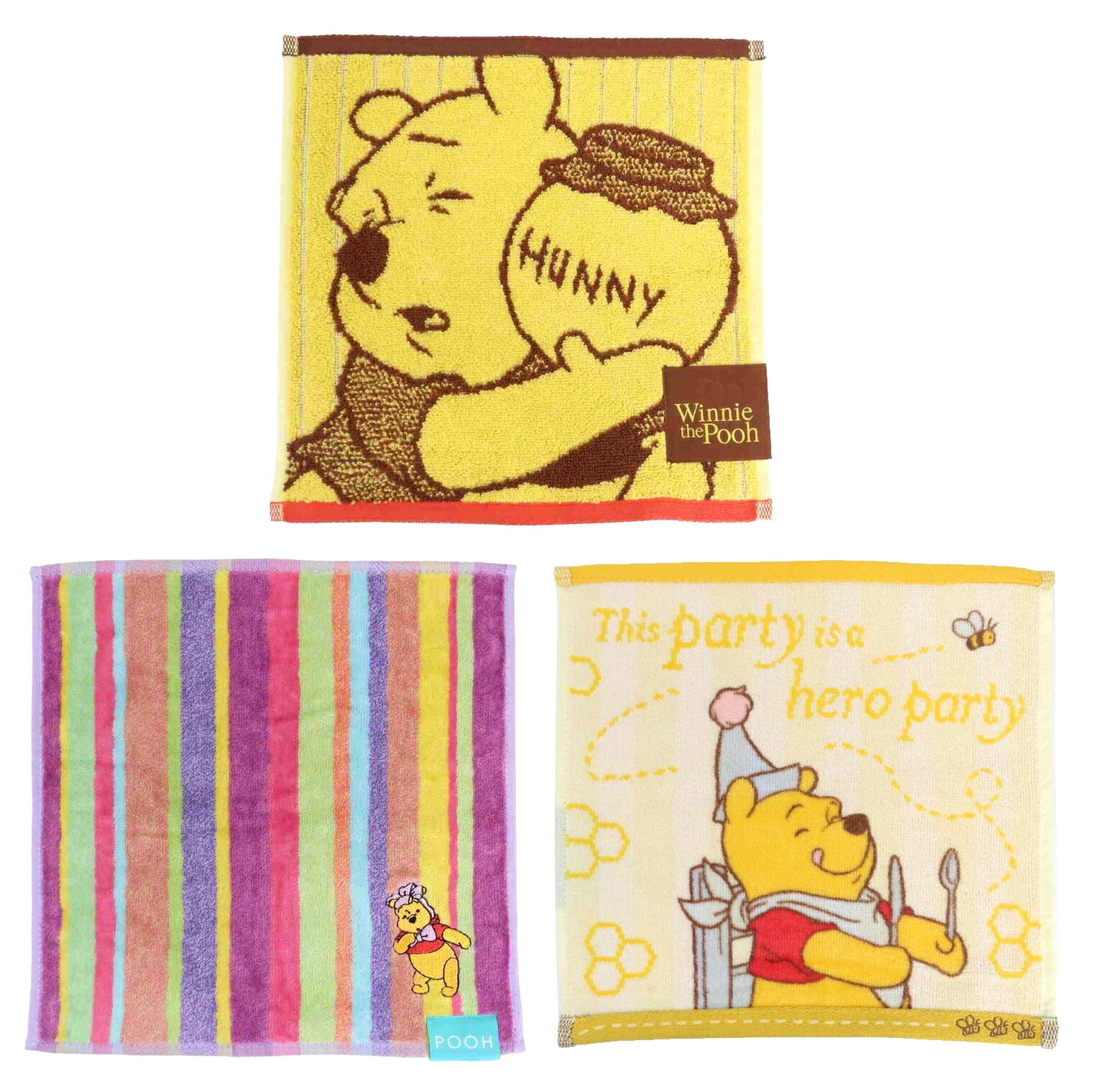 くまのプーさん ハンカチタオル 3柄セット（抗菌防臭加工 ジャガード ハニーラブフェイス イエロー・シャーリング リボンエンジョイアブル・シャーリング ヒーローパーティ オレンジ） 丸眞
