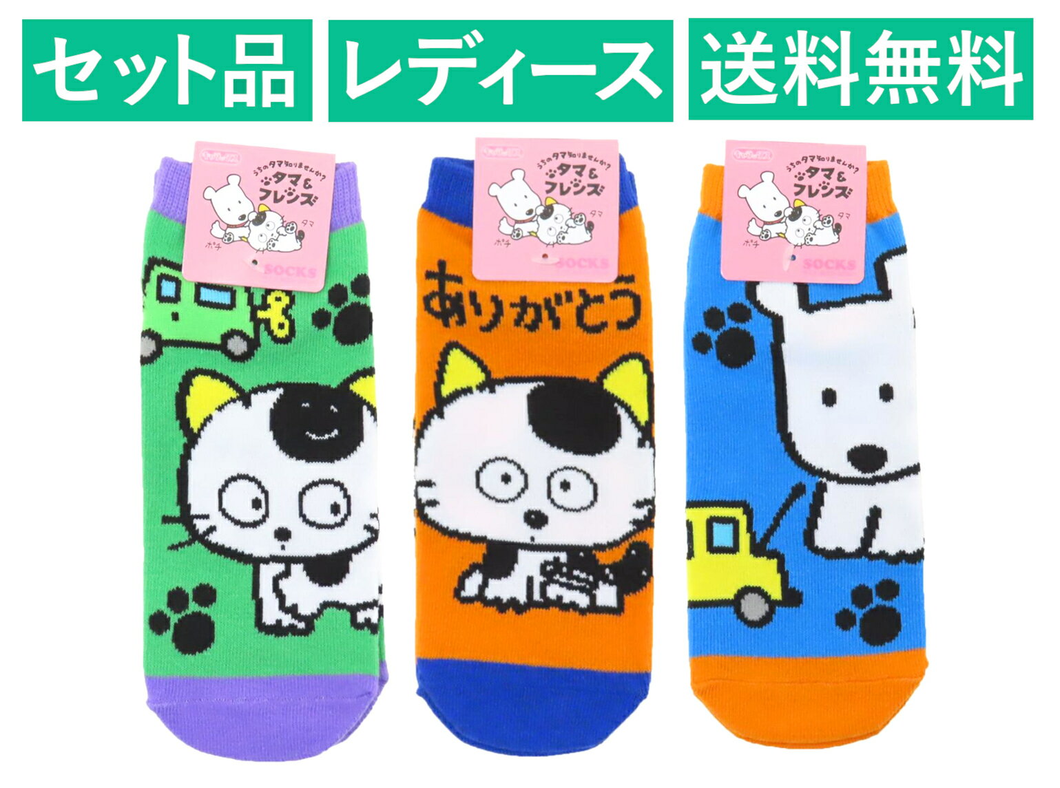 タマ＆フレンズ〜うちのタマ知りませんか？〜 レディースソックス 3柄セット（タマ あしあと グリーン・ありがとう オレンジ・ポチ あしあと ブルー） スモール・プラネット 【日本メーカー正規品】