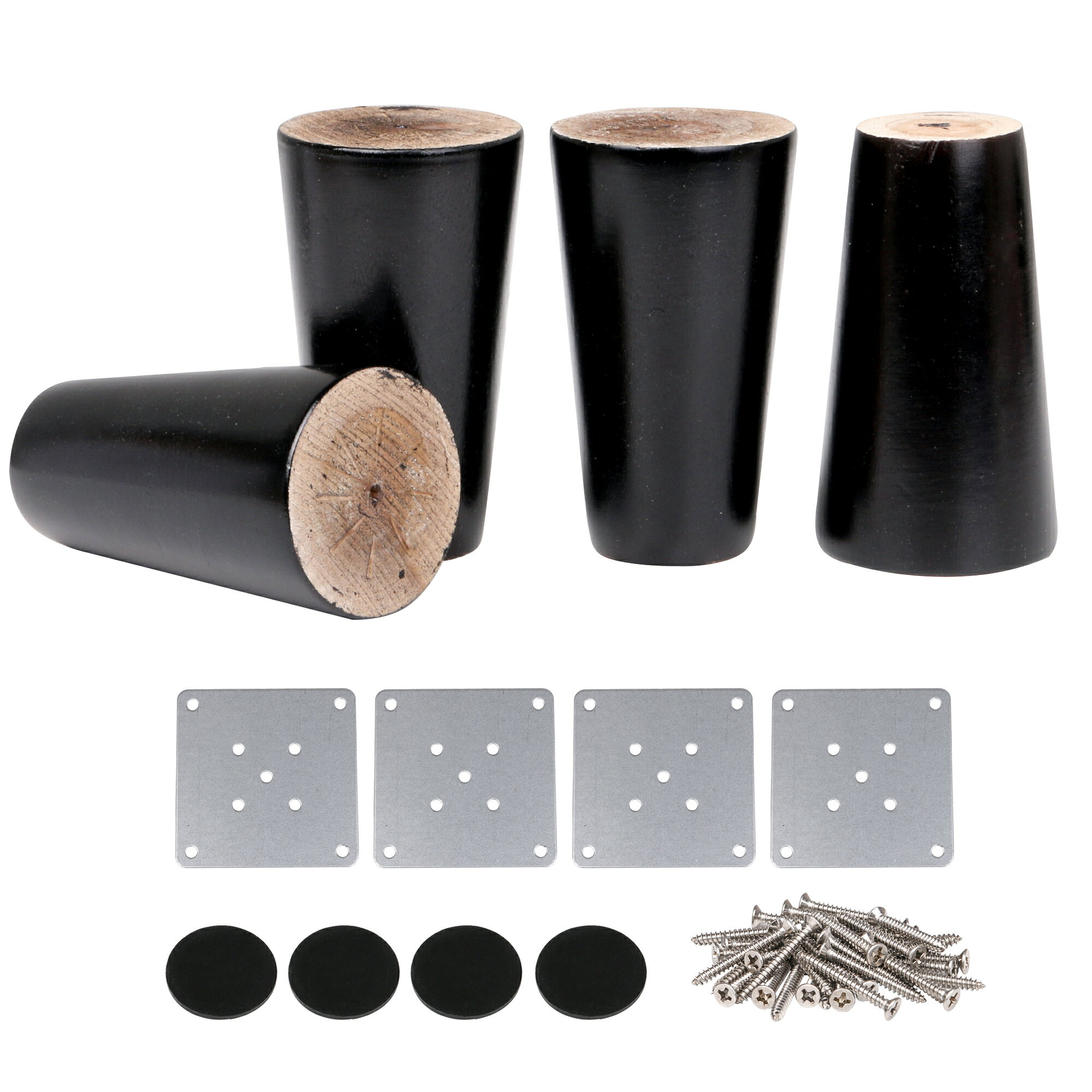 100x60mm ソファ 木製 家具 丸脚 プレート付き ネジ ブラック 4個パック