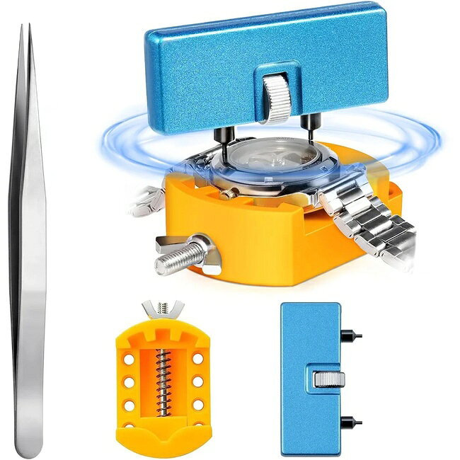 腕時計 電池交換ツールセット 裏蓋オープナー 回転式ウォッチケースオープナー 時計固定ホルダー ピンセット付属 電池交換・メンテナンス用キット 取扱説明書（英語）