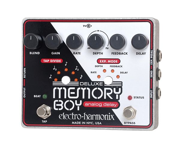 Electro-Harmonixは初代Memory Manを皮切りに、Deluxe Memory Man等数多くのアナログ・ディレイの名機を生み出してきました。Deluxe Memory Boyは、Deluxe Memory Manをも超える機能を搭載した究極のアナログ・ディレイです。 高品質なICによるウォームで自然なアナログ・ディレイに加え、タップテンポ機能を搭載し演奏中のグルーヴに完璧にシンクできます。エクスプレッション・ペダルを接続すれば、Rate／Depth／Feedback／Delayの設定をペダルでコントロールすることも可能。エフェクトループも装備し様々な音作りができ、無限に創造性を発揮できます。 ・Delay Time 34mS〜700mS ・Tap Tempo Control(w/Tap Divide Switch)(付点8分/2拍3連符/8分/3連符/16分) ・Exp. Mode Switch(Exp. Pedalでコントロールする内容を選択可能)(Rate/Depth/Feedback/Delay) ・Exp. Pedal Input ・Tap Switch Input(モメンタリーフットスイッチを接続可能) ・Effect Loop(Send/Return) ・True Bypass