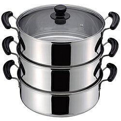パール金属 だんらんステンガラス3段蒸し器30cm目皿付 H-4693 H4693