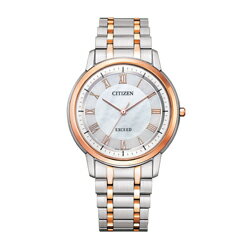 ■ケースの厚さは6mm、エコ・ドライブで年差±10秒の機能を併せ持つドレスウオッチ。「Cal.G530」は、エクシードシリーズのみに搭載されています。■オールローマ数字のインデックスが、エクシードらしいエレガントな世界観を表現。ライトシルバー色×ピンクゴールド色のコンビモデルは文字板に白蝶貝を使い、ひときわ華やかに仕上げました。■多列のメタルバンドが、ドレスウオッチらしいエレガントな表情を演出します。駆動方式光発電：5ヶ月電波自動修正機能無表示方式アナログケーススーパーチタニウムデュラテクト（プラチナ・ピンク）（ライトシルバー色・ピンクゴールド色）ガラスサファイアガラス（無反射コーティング）バンド素材スーパーチタニウムデュラテクトプラチナ（一部めっき）（ライトシルバー色・ピンクゴールド色）先カン幅：19.0mm（ばね棒タイプ）中留：三ツ折れプッシュタイプバンド（アジャスト）割パイプタイプ精度±10秒／年ナチュライト無パワーセービング機能無仕様1防水性能：日常生活用防水仕様2厚み：6.0mm／横幅：37.5mm仕様3キャリバー：G530耐ニッケル白蝶貝文字板確かな品質と洗練されたデザイン。大人のためのドレスウオッチ、シチズンEXCEED（エクシード）。6mmの薄型ケースと年差±10秒の高精度、唯一無二の存在感を放つ、エレガントなモデルが新登場。