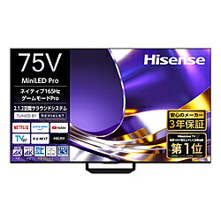 画面サイズ75V型本体サイズ(幅×高さ×奥行)mm1668×963×59スタンド含む本体サイズ(幅×高さ×奥行)mm1668×1029×310本体重量(kg)27.9スタンド含む重量(kg)32.1入力端子HDMI2.1×4 USB3.0×1 USB2.0×1出力端子光デジタル音声出力×1 ヘッドホン出力×1 eARC/ARC対応（HDMI入力2のみ）Bluetooth対応Bluetooth対応LAN有線・無線miniLEDバックライト対応miniLEDバックライト対応BS 8Kチューナー0BS 4K・110度CS 4Kチューナー2地上デジタルチューナー3BS・CSデジタルチューナー3YouTube対応YouTube対応Netflix対応Netflix対応Hulu対応Hulu対応Amazon Prime Video対応Amazon Prime Video対応U-NEXT対応U-NEXT対応DAZN対応DAZN対応Tver対応Tver対応dアニメ対応dアニメ非対応Disney+対応Disney+対応AbemaTVAbemaTV対応dTVdTV非対応スカパー！プレミアム非対応ハイブリッドキャスト非対応2画面機能2画面機能あり倍速機能倍速機能ありスピーカー数フルレンジ10W×2/ウーファー20W×1/トップスピーカー10Wx2音声実用最大出力(W)60WDOLBY VISIONDOLBY VISION対応DOLBY ATMOSDOLBY ATMOS対応消費電力300W年間電気代目安4100年間消費電力量152kWh付属品取扱説書、Bluetooth/赤外線リモコン、単四形乾電池×2、電源コード、転倒防止用ひも1式、スタンド1式