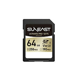 PCへのデータ取り込みをスピーディーに最大読み出し速度250MB/s※の高速転送に対応。大量の写真や4K動画もPCへスピーディーに転送できます。【4K動画対応】V30/U3で安定した記録をサポートV30/U3規格に対応し、4K動画撮影や高速連写など、高い書き込み速度が求められる撮影にも適しています。水・衝撃・X線からデータを保護防水・耐衝撃・耐X線のタフネス仕様。旅行先や屋外での撮影時も大切なデータをしっかり保護します。長く使える安心設計国内メーカーならではの厳格な品質管理と安心の5年間保証で、長期間安心してお使いいただけます。※最大転送速度は、DDR275モードに対応したカードリーダーおよび使用環境での測定値です。実際の速度はご使用の環境により異なります。種類SDXCカードUHS規格UHS-IUHSスピードクラスUHSスピードクラス3SDスピードクラスClass10ビデオスピードクラスビデオスピードクラス30容量64GB最大転送速度250MB/s最大書込速度190MB/s仕様1●容量：64GB ●転送速度※：最大読み出し速度250MB/s、最大書き込み速度190MB/s ●動作温度：0℃～70℃ ●保存温度：-40℃～85℃ ●寸法（長さ x 幅 x 高さ）：32.0 x 24.0 x 2.1 mm ●保証期間：5年間保証 ※最大転送速度は、DDR275モードに対応したカードリーダーおよび使用環境での測定値です。実際の速度はご使用の環境により異なります。ビデオスピードクラスV30、UHSスピードクラスU3、Class 10に対応。連写撮影や4K動画などを安定して記録します。