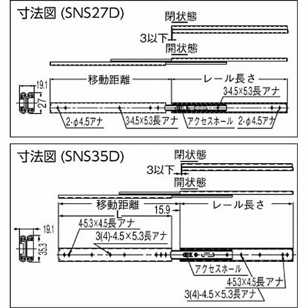 スガツネ工業 オールステンレス鋼製スライドレール（190-110-189）　SNS27D45 SNS2...