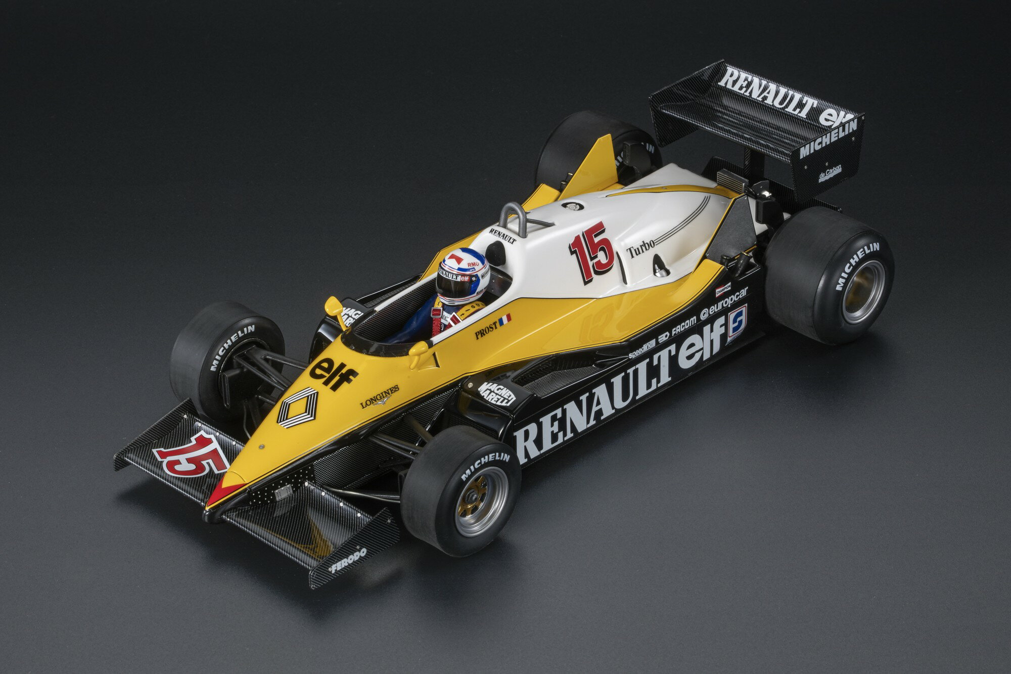 GP Replicas 1/18 ミニカー レジン プロポーションモデル 1983年フランスGP 優勝モデル ルノー RENAULT - F1 RE40 No.15 WINNER FRENCH GP PAUL RICHARD (POLE AND FASTEST LAP) 1983 ALAIN PROST アラン プロスト ドライバーフィギャー付き