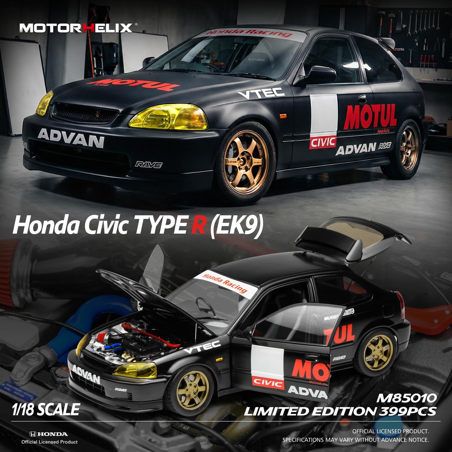 HONDA - MotorHelix モーターヘリックス 1/18 ミニカー ダイキャストモデル 1999年モデル ホンダ シビック HONDA - CIVIC EK9 TYPE-R MOTUL RACING 1999