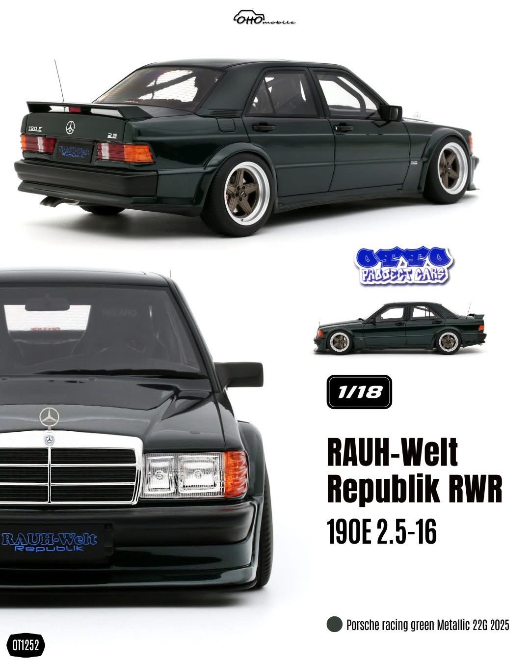 Mercedes Benz - Otto Mobile otm1252 オットモビル 1/18 ミニカー レジン プロポーションモデル 2025年モデル メルセデスベンツ MERCEDES BENZ - 190E 2.5 16V PORSCHE RACING RAHU-WELT REPUBLIK RWR 2025 グリーンメタリック