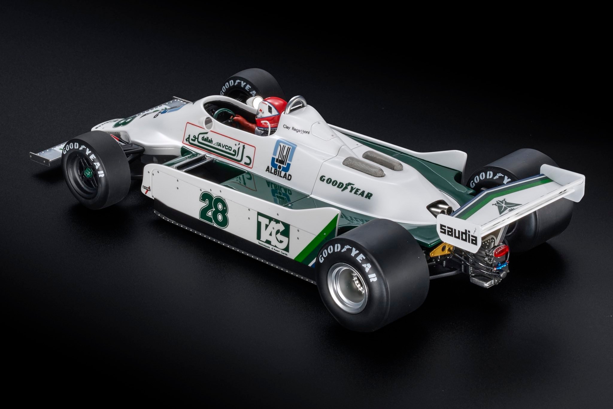 ディー・ティー・ダブリューのGP Replicas 1/18 ミニカー レジン プロポーションモデル 1979年英国GP 優勝モデル ウィリアムズ WILLIAMS - F1 FW06 FORD No.28 WINNER BRITISH GP 1979 CLAY REGAZZONI クレイ・レガツォーニ ドライバーフィギャー付き｜アングル3