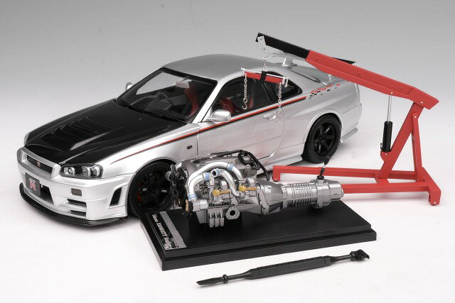 Rakuten - MotorHelix モーターヘリックス 1/18 ミニカー ダイキャストモデル 2002年モデル 日産 NISSAN SKYLINE GT-R (R34) NISMO CUSTOMIZED COUPE 2002 シルバー/カーボンボンネット 1/18 scale ディスプレイエンジン・エンジンクレーン付属