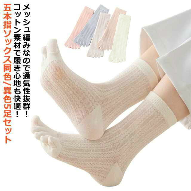 メッシュ編みなので通気性抜群！ コットン素材で履き心地も快適！ 五本指ソックス 同色/異色5足セット触りの良い柔らかなコットンは、通気性に優れ気持ちいい履き心地。薄すぎず厚すぎない、適度な生地は季節を問わず快適にご着用いただけます。伸縮性にもこだわり、履きやすく締め付けすぎないフィット感です。 サイズ 5足セット サイズについての説明 フリーサイズ(22.5-26cm) 素材 コットン 色 color01 color02 color03 color04 color05 各色1足 備考 ●サイズ詳細等の測り方はスタッフ間で統一、徹底はしておりますが、実寸は商品によって若干の誤差(1cm～3cm )がある場合がございますので、予めご了承ください。 ●製造ロットにより、細部形状の違いや、同色でも色味に多少の誤差が生じます。 ●パッケージは改良のため予告なく仕様を変更する場合があります。 ▼商品の色は、撮影時の光や、お客様のモニターの色具合などにより、実際の商品と異なる場合がございます。あらかじめ、ご了承ください。 ▼生地の特性上、やや匂いが強く感じられるものもございます。数日のご使用や陰干しなどで気になる匂いはほとんど感じられなくなります。 ▼同じ商品でも生産時期により形やサイズ、カラーに多少の誤差が生じる場合もございます。 ▼他店舗でも在庫を共有して販売をしている為、受注後欠品となる場合もございます。予め、ご了承お願い申し上げます。 ▼出荷前に全て検品を行っておりますが、万が一商品に不具合があった場合は、お問い合わせフォームまたはメールよりご連絡頂けます様お願い申し上げます。速やかに対応致しますのでご安心ください。
