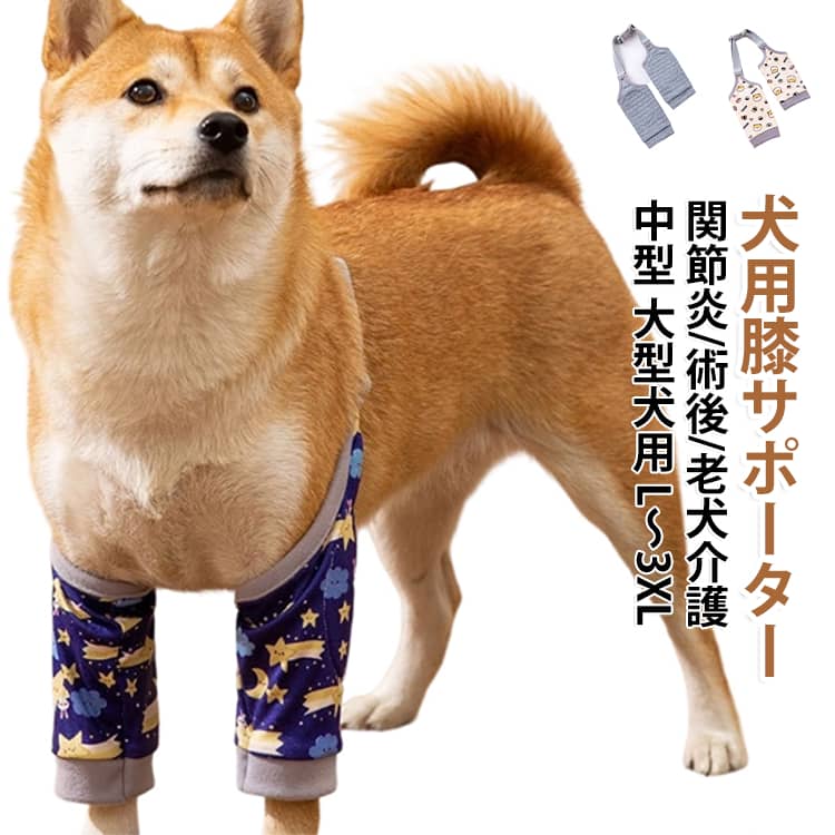 愛犬の前足や肘をやさしく保護する犬用関節プロテクターです。伸縮性と通気性に優れた素材を使用し、老犬の関節ケア、術後の保護、傷舐め防止、擦れ対策などにおすすめです。・【前足・肘をしっかり保護】犬の肘まわりをやさしくカバーし、床との摩擦による擦れや刺激を軽減。傷舐め防止や関節保護アイテムとして活躍します。・【老犬の関節ケアにおすすめ】年齢を重ねたワンちゃんの肘の赤みや擦れ対策、関節への負担軽減をサポート。シニア犬の介護用品としてもおすすめです。・【伸縮性＆調節可能なフィット設計】伸びやすい素材と調節可能な仕様で、愛犬の足に合わせて快適に装着できます。動いてもズレにくい設計です。・【通気性の良いメッシュ素材】肘部分には通気性に配慮したメッシュ素材を採用。ムレにくく、長時間でも快適に使用できます。・【やわらかい安全素材】柔らかなポリエステル素材を使用し、愛犬の動きを妨げにくい快適な着け心地を実現。洗濯機で洗えてお手入れも簡単です。・【中型犬・大型犬対応】4サイズから選択可能で、幅広い体型のワンちゃんに対応。購入前にサイズを測って選べます。・【豊富なカラー＆可愛いデザイン】無地タイプとは違う可愛い柄デザインで、愛犬の毛色や好みに合わせて選べます。・【日常ケアから術後保護まで】散歩時の擦れ防止、肘の保護、傷舐め対策、術後のケアなど、さまざまなシーンで使用できます。 サイズ L XL 2XL 3XL サイズについての説明 サイズ表は画像をご参照ください※測定方法によって誤差が生じますので、予めご了承下さい。 素材 ポリエステル 色 ブルー グレー イエロー 備考 ●サイズ詳細等の測り方はスタッフ間で統一、徹底はしておりますが、実寸は商品によって若干の誤差(1cm～3cm )がある場合がございますので、予めご了承ください。 ●製造ロットにより、細部形状の違いや、同色でも色味に多少の誤差が生じます。 ●パッケージは改良のため予告なく仕様を変更する場合があります。 ▼商品の色は、撮影時の光や、お客様のモニターの色具合などにより、実際の商品と異なる場合がございます。あらかじめ、ご了承ください。 ▼生地の特性上、やや匂いが強く感じられるものもございます。数日のご使用や陰干しなどで気になる匂いはほとんど感じられなくなります。 ▼同じ商品でも生産時期により形やサイズ、カラーに多少の誤差が生じる場合もございます。 ▼他店舗でも在庫を共有して販売をしている為、受注後欠品となる場合もございます。予め、ご了承お願い申し上げます。 ▼出荷前に全て検品を行っておりますが、万が一商品に不具合があった場合は、お問い合わせフォームまたはメールよりご連絡頂けます様お願い申し上げます。速やかに対応致しますのでご安心ください。