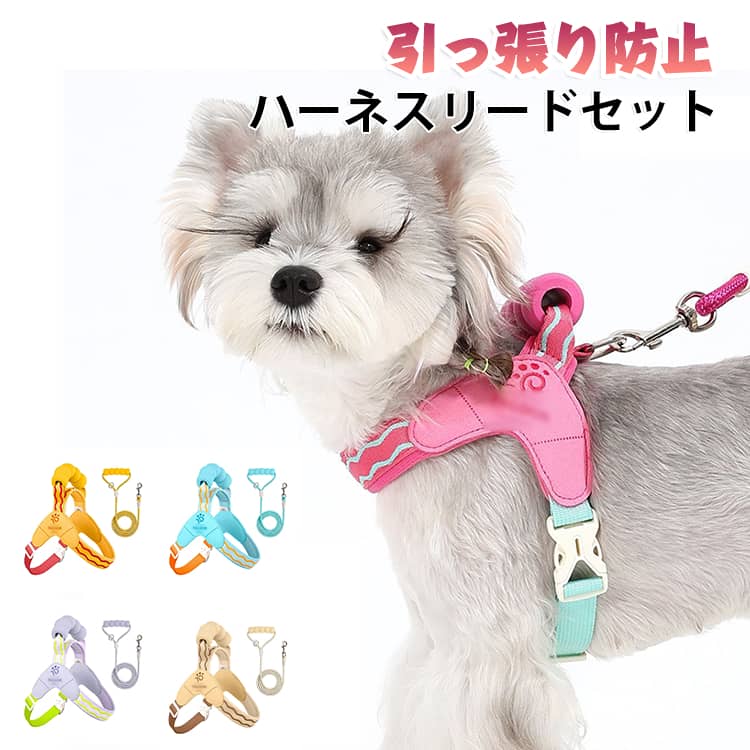 5色 簡単装着 ハーネス 犬 セット 抜けにくい 引っ張り防止 胴輪 リード メッシュ ...