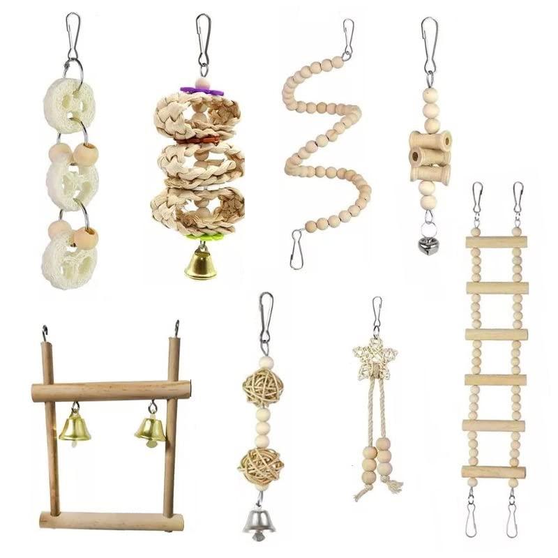 OKILALA インコ おもちゃ バードトイ 8点セット | 鳥 おもちゃ 吊り上げ はしご 止まり木 ブランコ オカメインコ セキセイインコ オウム 小鳥