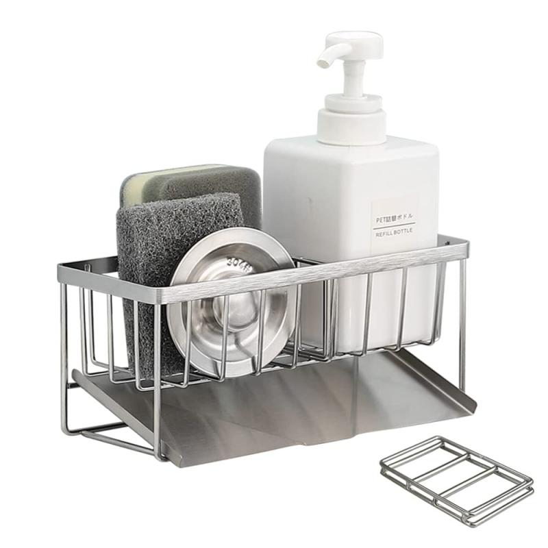 楽天Ducle Shop　楽天市場店スポンジホルダー スポンジ置き たわし入れ 水が流れるスポンジラック Kiranic 可動式仕切り2枚付き ステンレス製 錆び防止 ボトルホルダー 洗剤置き たわしホルダー スポンジ収納 水まわり