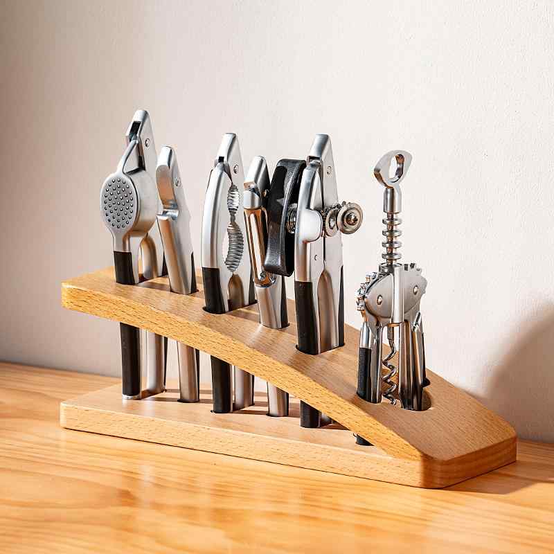 【5.6点セット】木スタンド付き 多機能 キッチンツールセット ステンレス製 ピーラー/ガーリックプレス..