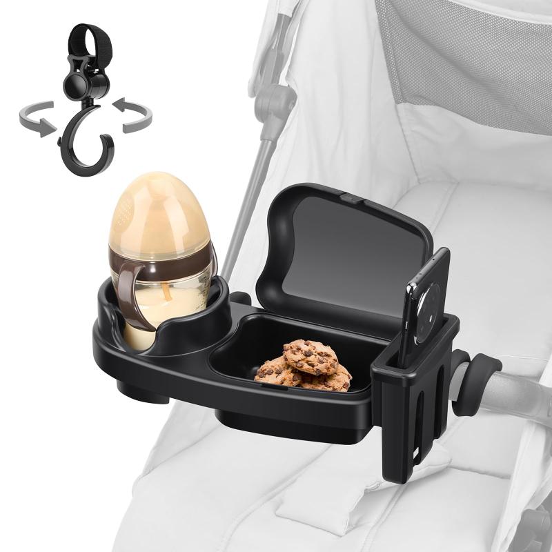 汎用ベビーカー用スナックトレイ 互換性 3in1ベビーカーカップホルダー スマホホルダーとシリコンフレキシブルアームグリップ付き 幼児用 ベビーカーアクセサリー 360度の回転 ブラック MYP