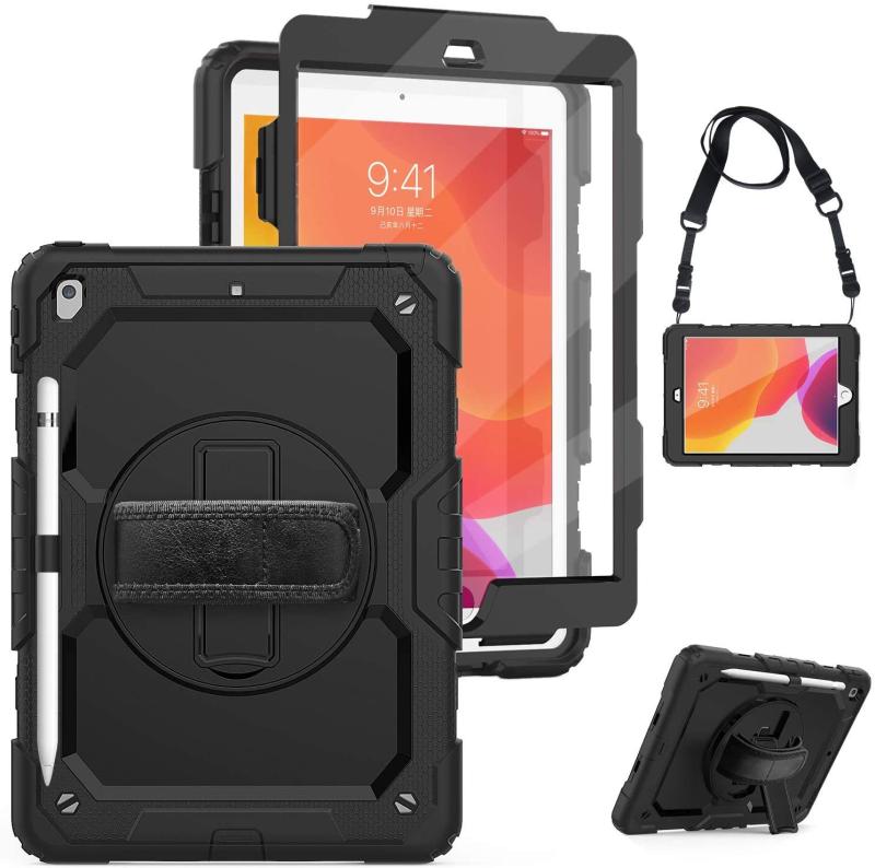 Herize iPad 10.2 ケース (iPad 第9世代/7世代/第8世代 ケース 2021/2019/2020新型) 保護シール内蔵 360度回転の折り畳スタンド 肩紐 ハンドストラップ付き ペン収納 頑丈 丈夫 ゴツイ 耐衝撃 操作簡単 多