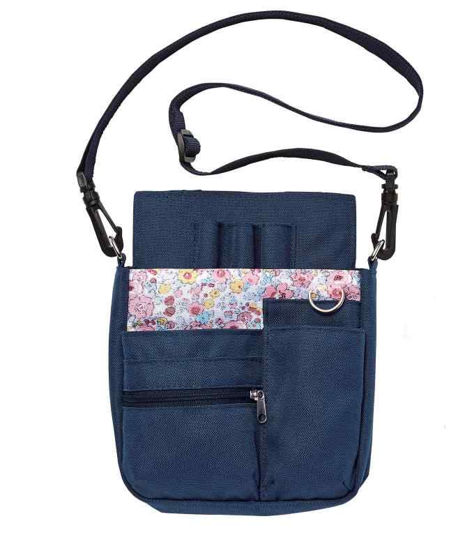 [アンファミエ] ナース ポーチ オーガナイザー 大容量 2way マチ付き ベルト付き ネイビー(花)