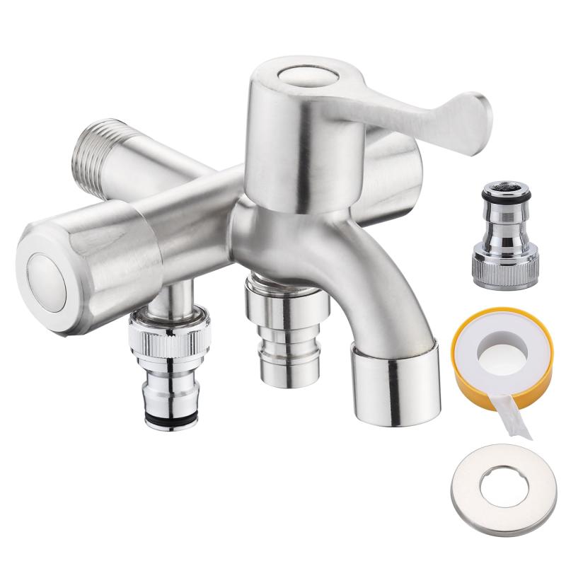 Jeonestan 水道 蛇口 3口 洗濯機・ガーデニング・散水ホース同時接続対応 ステンレス製 防錆 耐久型 分岐 水栓 G1/2接続 壁付け 取付穴径20mm 洗濯室/庭/ベランダ/ガーデン/水栓柱/屋外用 (C:3分岐(3)