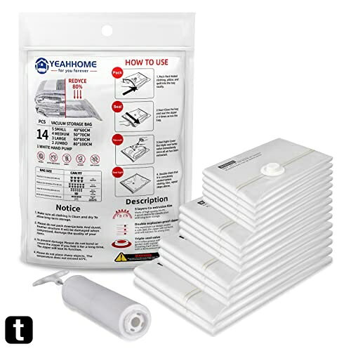 Yeahhome 圧縮袋 大サイズ 真空パック14枚セット (ジャンボ2個、L3個、M4個、S5個) 防塵防湿 カビ、ダニ対策 敷布団収納可 衣類圧 布団圧縮袋 収納/引越し/衣替え/出張