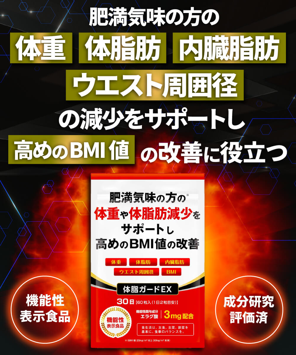 体脂ガードEX ダイエットサプリ 体重 体脂肪 内臓脂肪 ウエスト周囲径 減少サポート BMI値 改善 エラグ酸 カルニチン BCAA 30日分 送料無料 機能性表示食品 2