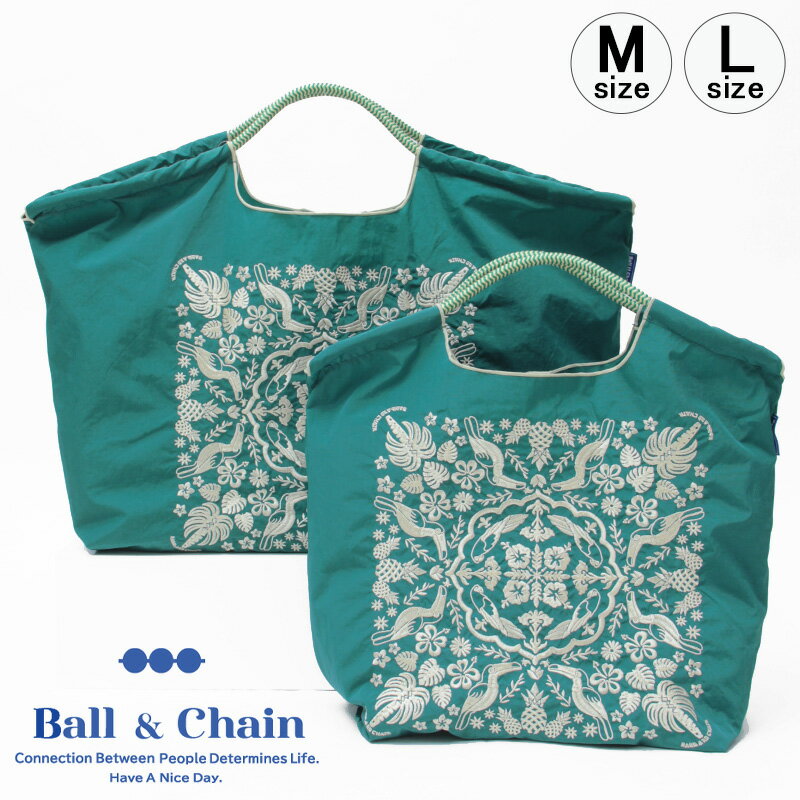 【正規品】ボールアンドチェーン エコバッグ ball&chain Hawaiian Bandana ハワイアンバンダナ D.GREEN グリーン オリジナル Mサイズ Lサイズ ショッピングバッグ トートバッグ A4 刺繍 ball and chainのサムネイル